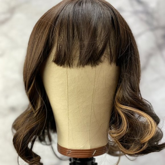Brown Highlight Bob Wig With Bangs - Picture 1 of 7
